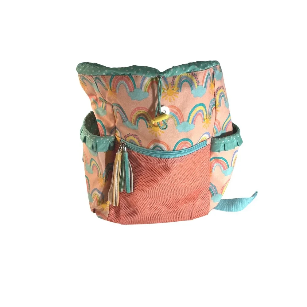 Matilda Jane Rainbow Sun Pink Teal Pom Pom Tassel Drawstring Backpack Bag